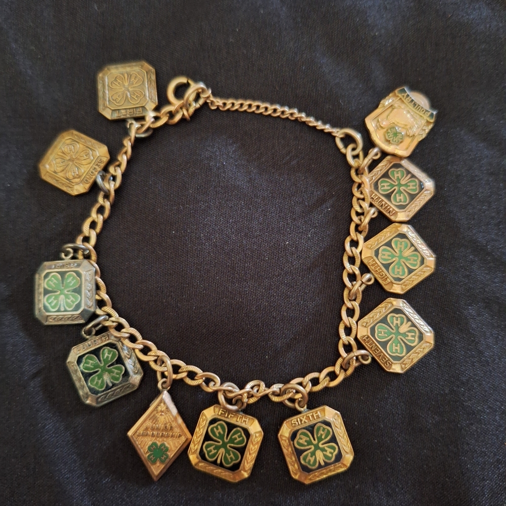 Trifari Gold-Tone Bracelet with Green 4-H Enamel Charms